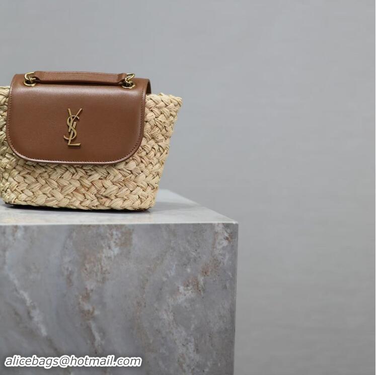 Top Grade Saint Laurent Mini Manon In Raffia Shoulder Bag Y8523 Naturel And Brick