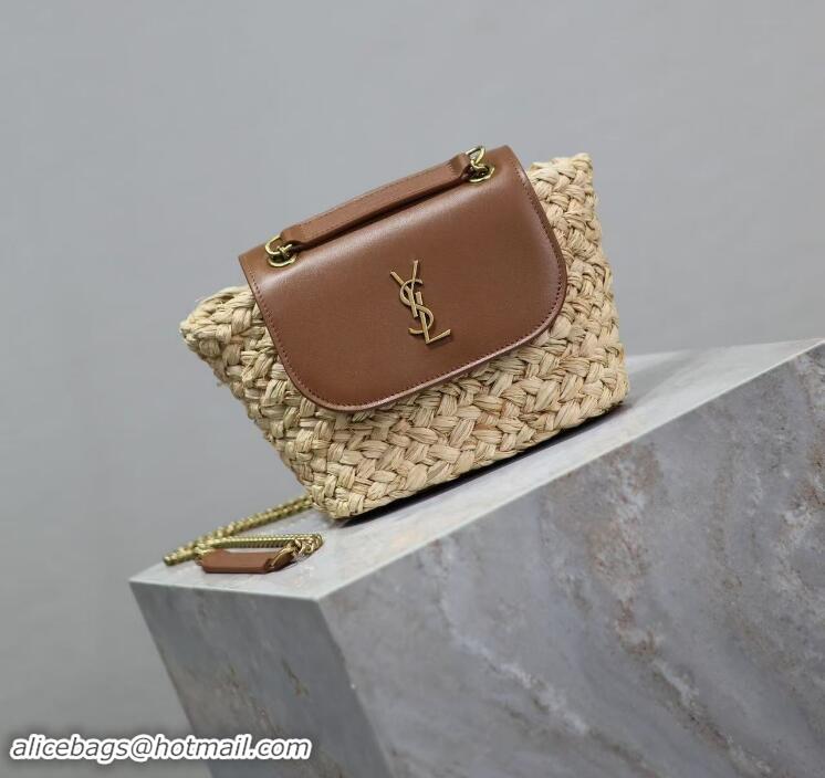 Top Grade Saint Laurent Mini Manon In Raffia Shoulder Bag Y8523 Naturel And Brick