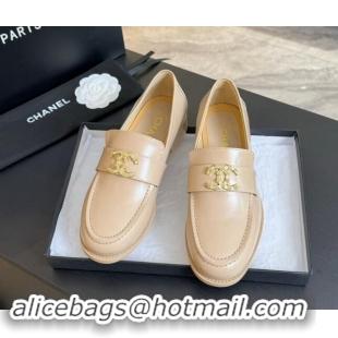 Good Taste Chanel Shiny Calfskin Loafers with Camellia CC G45663 Light Beige 1120033