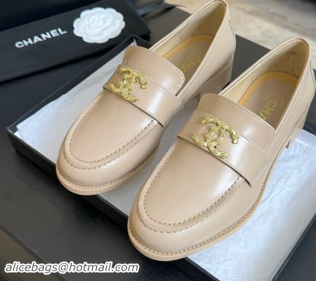 Good Taste Chanel Shiny Calfskin Loafers with Camellia CC G45663 Light Beige 1120033