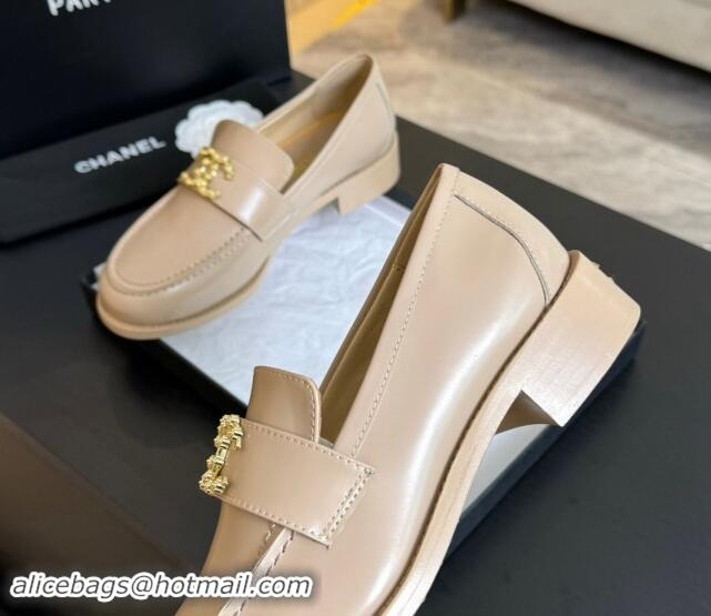 Good Taste Chanel Shiny Calfskin Loafers with Camellia CC G45663 Light Beige 1120033