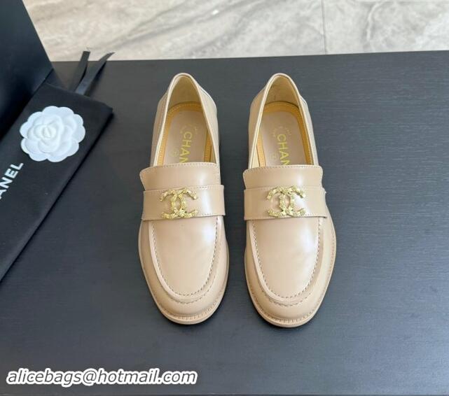 Good Taste Chanel Shiny Calfskin Loafers with Camellia CC G45663 Light Beige 1120033