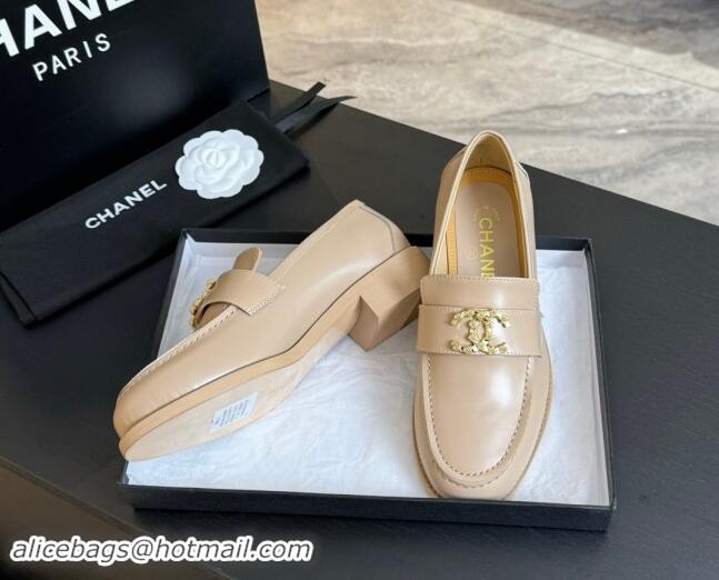 Good Taste Chanel Shiny Calfskin Loafers with Camellia CC G45663 Light Beige 1120033