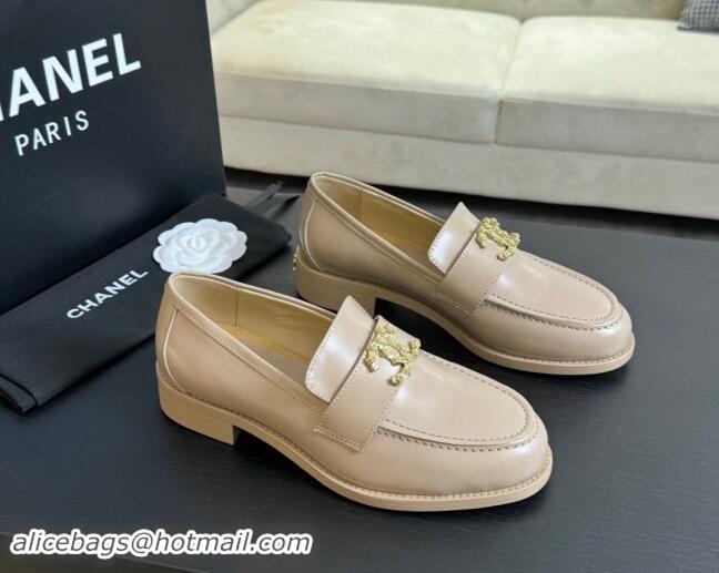 Good Taste Chanel Shiny Calfskin Loafers with Camellia CC G45663 Light Beige 1120033