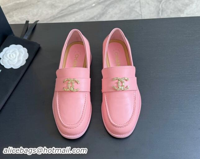 Best Price Chanel Shiny Calfskin Loafers with Camellia CC G45663 Light Pink 1120034