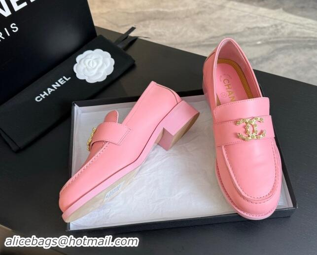 Best Price Chanel Shiny Calfskin Loafers with Camellia CC G45663 Light Pink 1120034