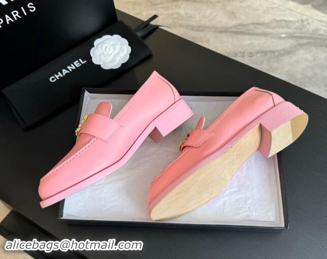 Best Price Chanel Shiny Calfskin Loafers with Camellia CC G45663 Light Pink 1120034