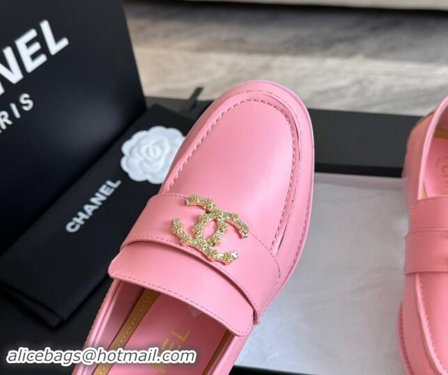 Best Price Chanel Shiny Calfskin Loafers with Camellia CC G45663 Light Pink 1120034