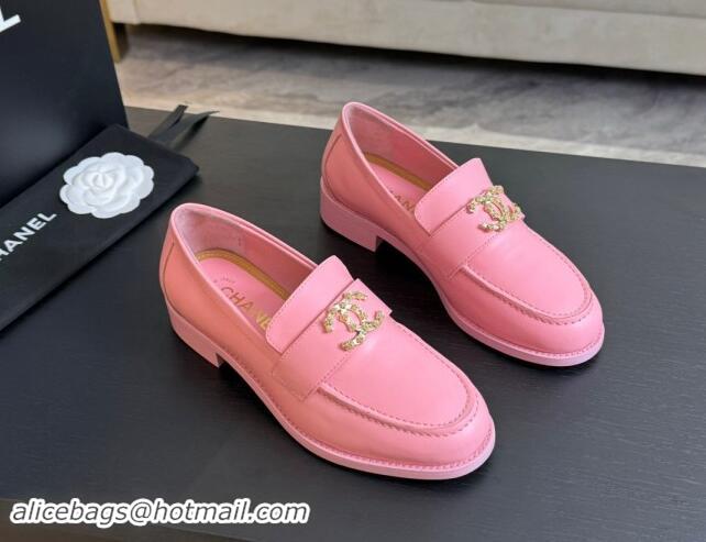 Best Price Chanel Shiny Calfskin Loafers with Camellia CC G45663 Light Pink 1120034