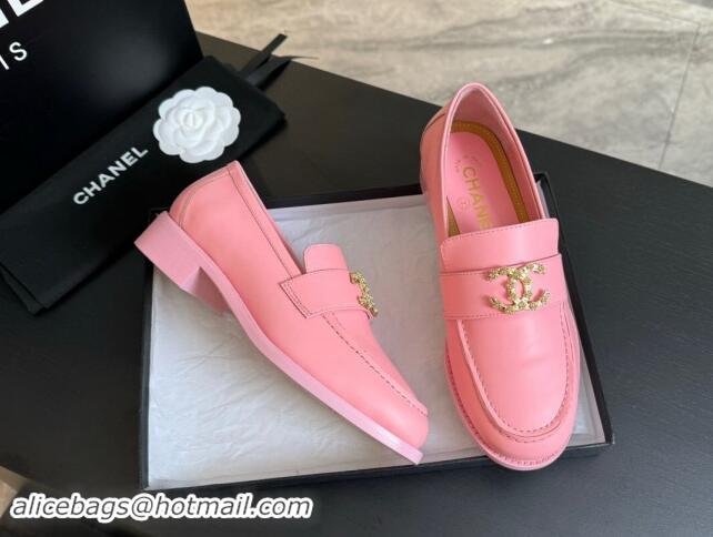 Best Price Chanel Shiny Calfskin Loafers with Camellia CC G45663 Light Pink 1120034