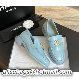 Durable Chanel Shiny Calfskin Loafers with Camellia CC G45663 Light Blue 1120035