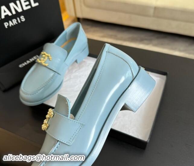 Durable Chanel Shiny Calfskin Loafers with Camellia CC G45663 Light Blue 1120035