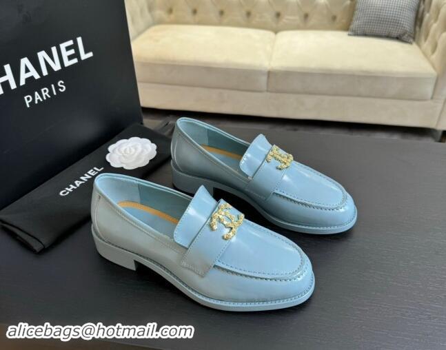 Durable Chanel Shiny Calfskin Loafers with Camellia CC G45663 Light Blue 1120035