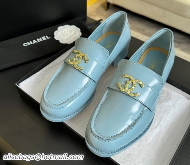 Durable Chanel Shiny Calfskin Loafers with Camellia CC G45663 Light Blue 1120035