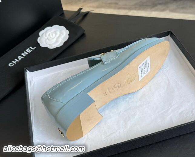 Durable Chanel Shiny Calfskin Loafers with Camellia CC G45663 Light Blue 1120035