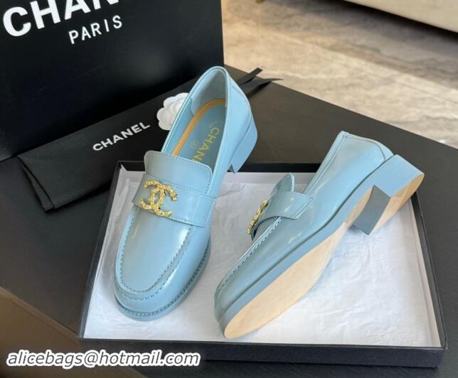 Durable Chanel Shiny Calfskin Loafers with Camellia CC G45663 Light Blue 1120035