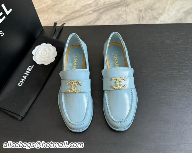 Durable Chanel Shiny Calfskin Loafers with Camellia CC G45663 Light Blue 1120035