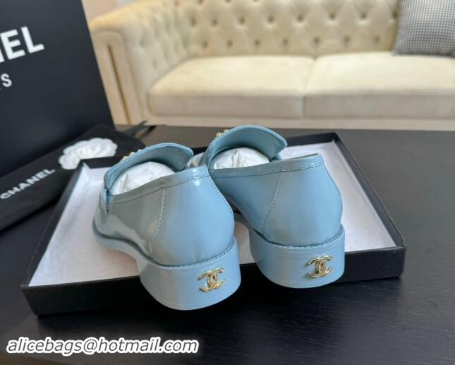 Durable Chanel Shiny Calfskin Loafers with Camellia CC G45663 Light Blue 1120035