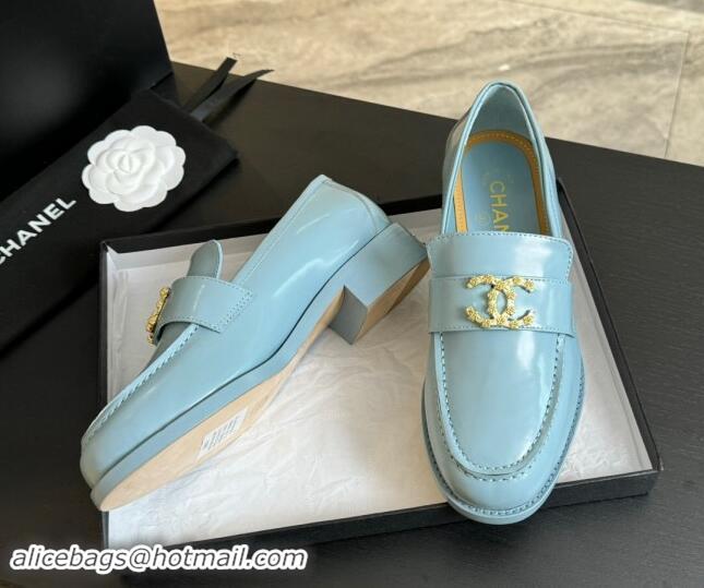 Durable Chanel Shiny Calfskin Loafers with Camellia CC G45663 Light Blue 1120035