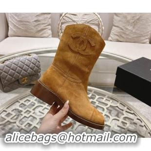 Charming Chanel Suede Ankle Boots with Side CC Camel Brown 120035