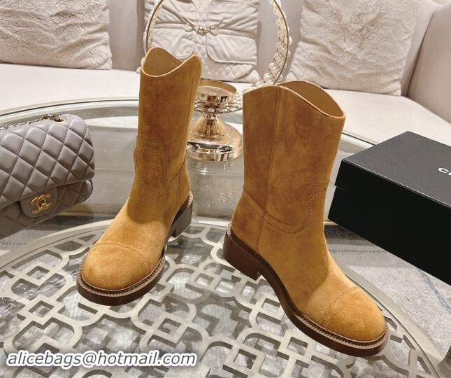 Charming Chanel Suede Ankle Boots with Side CC Camel Brown 120035