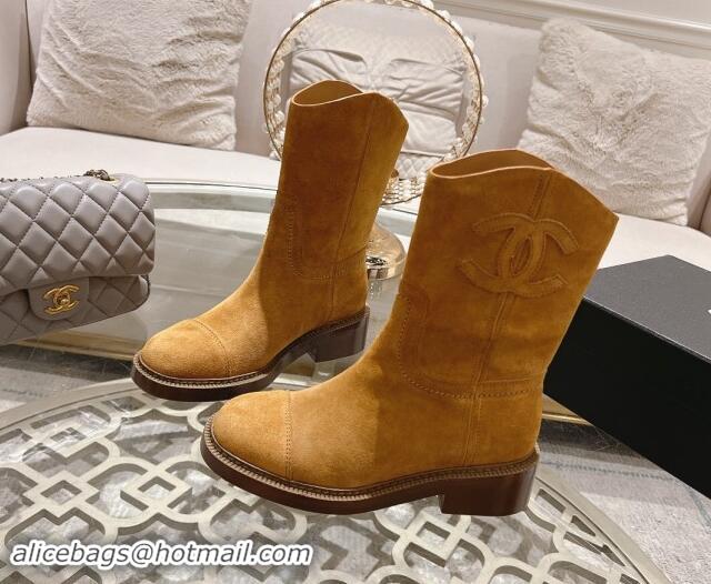 Charming Chanel Suede Ankle Boots with Side CC Camel Brown 120035