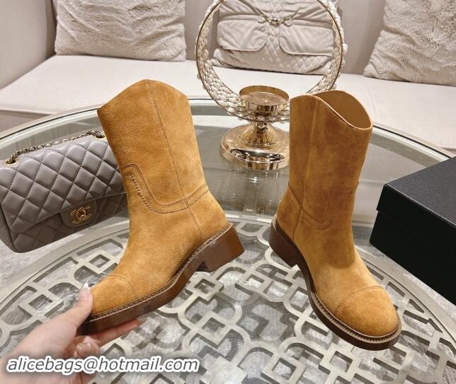 Charming Chanel Suede Ankle Boots with Side CC Camel Brown 120035