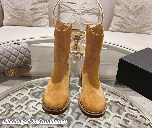 Charming Chanel Suede Ankle Boots with Side CC Camel Brown 120035