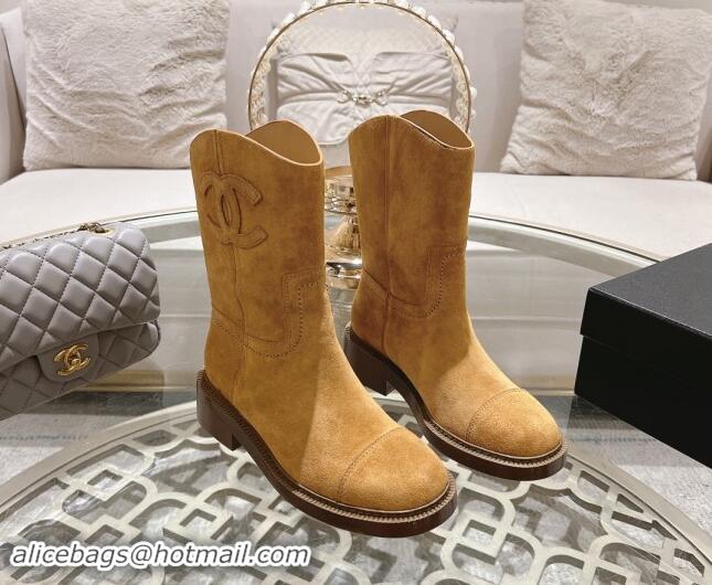 Charming Chanel Suede Ankle Boots with Side CC Camel Brown 120035