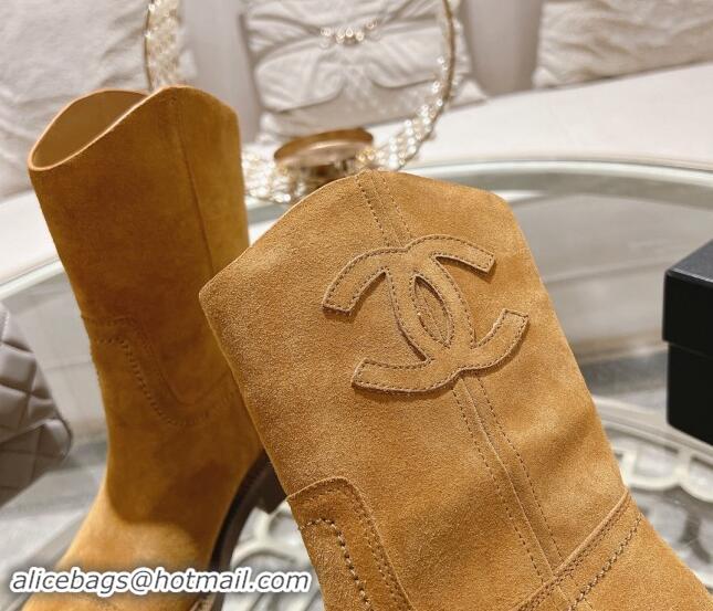 Charming Chanel Suede Ankle Boots with Side CC Camel Brown 120035