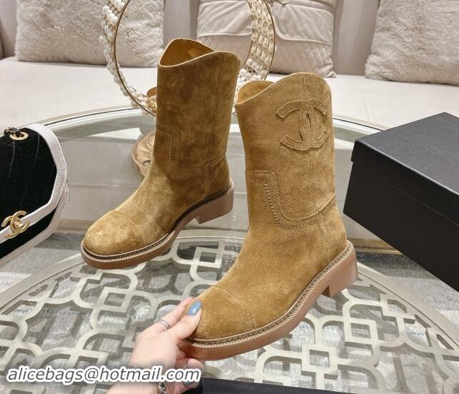 Lower Price Chanel Suede Ankle Boots with Side CC Dark Beige 1120037