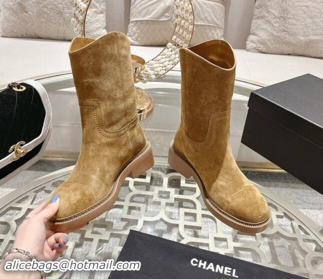 Lower Price Chanel Suede Ankle Boots with Side CC Dark Beige 1120037