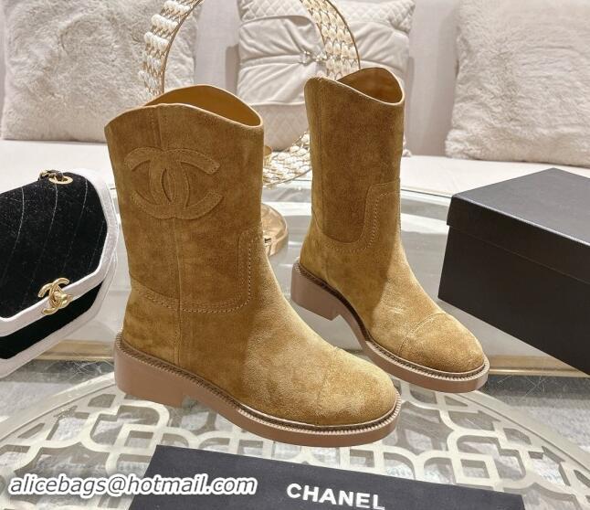 Lower Price Chanel Suede Ankle Boots with Side CC Dark Beige 1120037