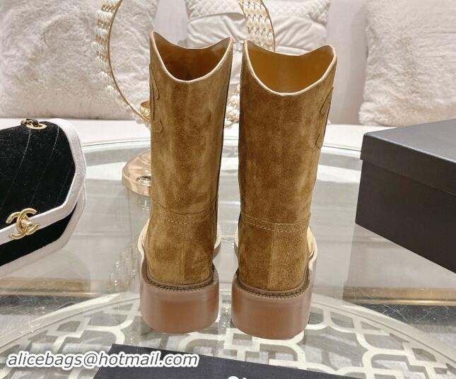 Lower Price Chanel Suede Ankle Boots with Side CC Dark Beige 1120037