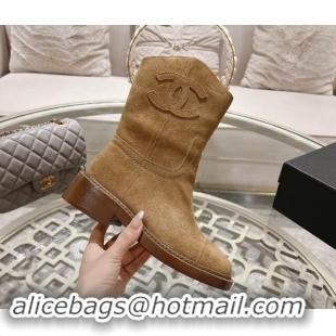 Classic Practical Chanel Suede Ankle Boots with Side CC Light Brown 1120039