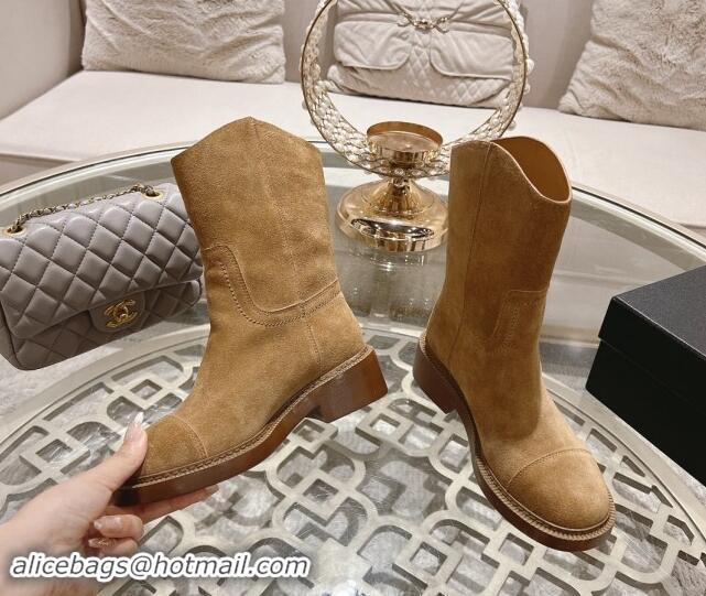 Classic Practical Chanel Suede Ankle Boots with Side CC Light Brown 1120039