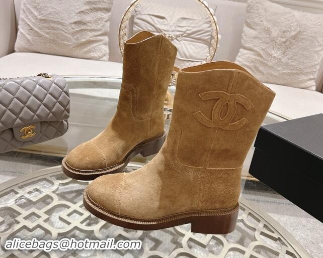 Classic Practical Chanel Suede Ankle Boots with Side CC Light Brown 1120039