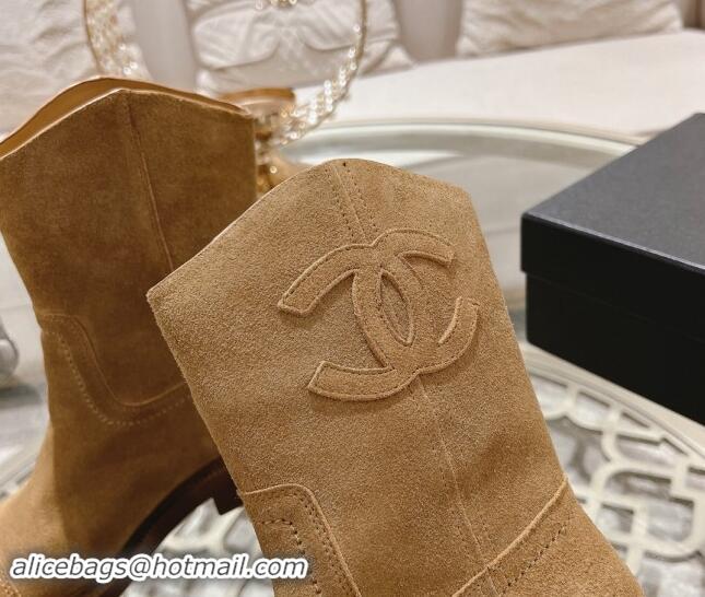 Classic Practical Chanel Suede Ankle Boots with Side CC Light Brown 1120039