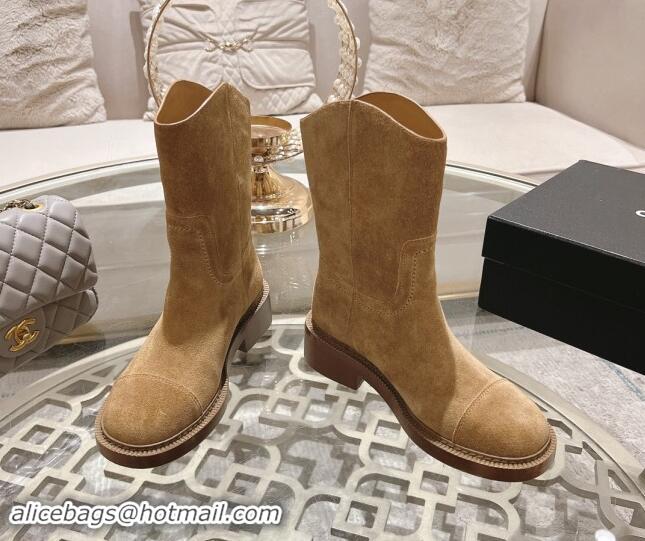 Classic Practical Chanel Suede Ankle Boots with Side CC Light Brown 1120039