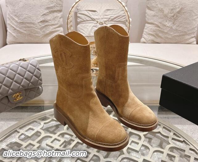 Classic Practical Chanel Suede Ankle Boots with Side CC Light Brown 1120039