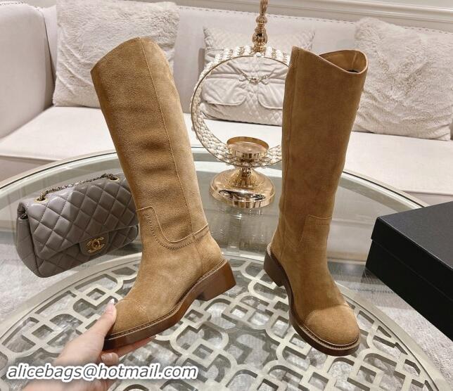 Affordable Price Chanel Suede Medium Boots 4cm with Side CC Light Brown 1120040