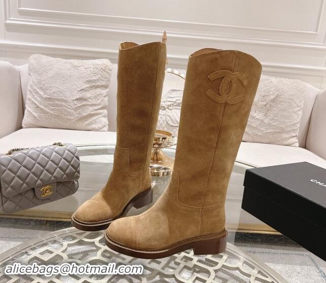 Affordable Price Chanel Suede Medium Boots 4cm with Side CC Light Brown 1120040