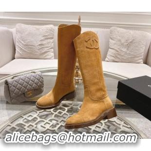 Duplicate Chanel Suede Medium Boots 4cm with Side CC Camel Brown 120042