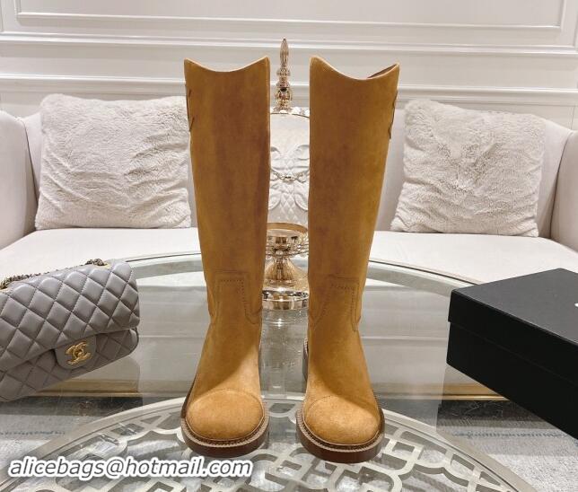 Duplicate Chanel Suede Medium Boots 4cm with Side CC Camel Brown 120042