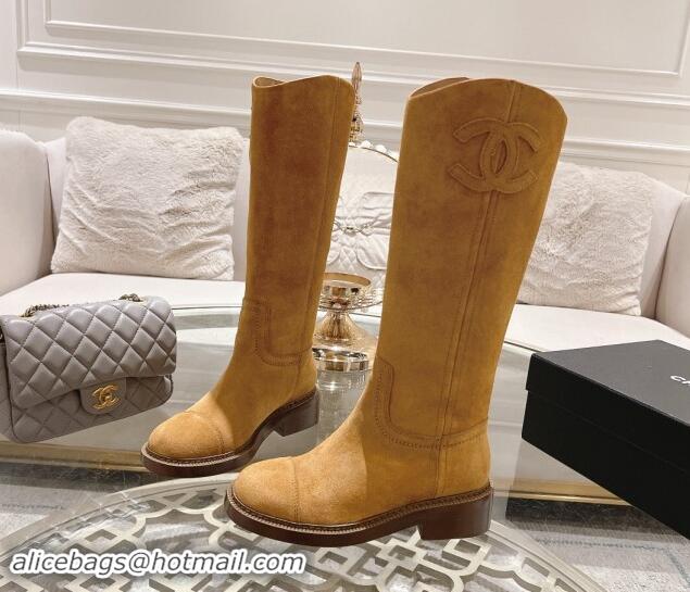 Duplicate Chanel Suede Medium Boots 4cm with Side CC Camel Brown 120042