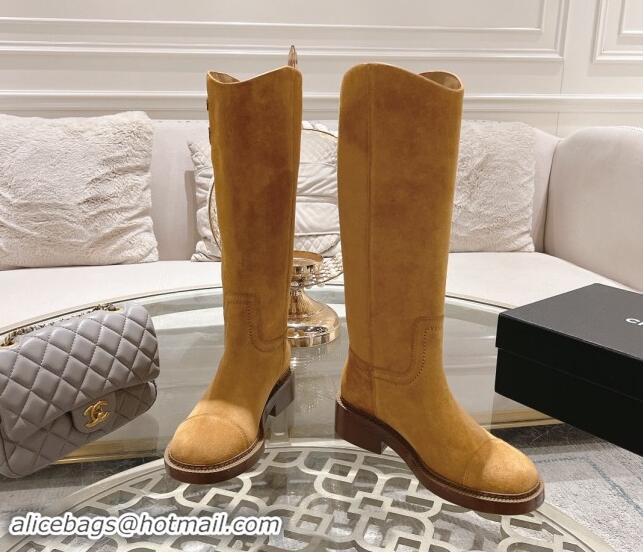 Duplicate Chanel Suede Medium Boots 4cm with Side CC Camel Brown 120042