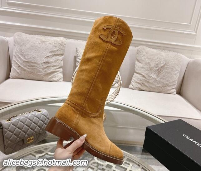 Duplicate Chanel Suede Medium Boots 4cm with Side CC Camel Brown 120042