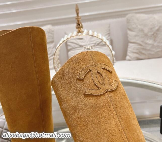 Duplicate Chanel Suede Medium Boots 4cm with Side CC Camel Brown 120042