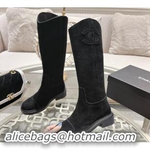 Duplicate Chanel Suede Medium Boots 4cm with Side CC Black 1120043