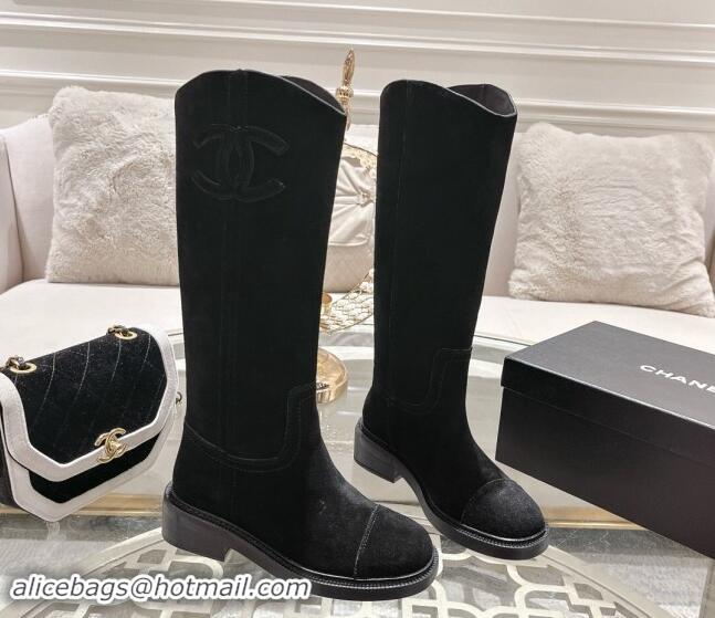 Duplicate Chanel Suede Medium Boots 4cm with Side CC Black 1120043